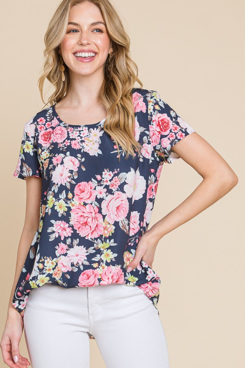 BOMBOM Floral Round Neck Short Sleeve T-Shirt-2