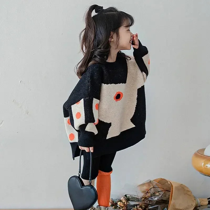 Sweaters Girls Children Clothing Thickening Warm Autumn Winter New Loose Two Piece Set Irregular Pattern Forking Cotton
