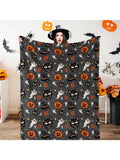 1Pc Halloween Theme Flannel Blanket Spider Web Witch Hat Black Bat Pumpkin Print Soft Cozy Throw Blankets Perfect Gifts