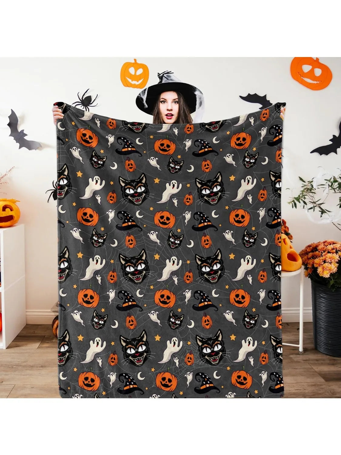 1Pc Halloween Theme Flannel Blanket Spider Web Witch Hat Black Bat Pumpkin Print Soft Cozy Throw Blankets Perfect Gifts