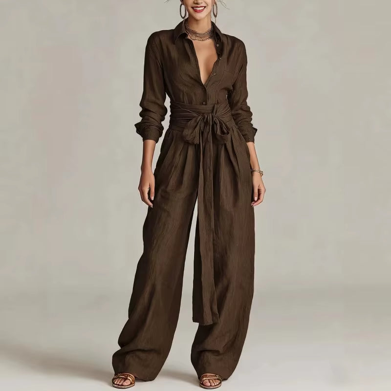 Casual Long Sleeve Solid Women'S Outfits Fashion Lace-Up Waist Pocket Loose 2Pc Suit Elegant Lapel Button Shirt & Long Pant Set