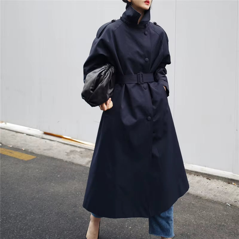 Autumn New Fashion Sashes Trench for Women Korean Solid Color Turn-Down Collar Loose Pockets Female Coats