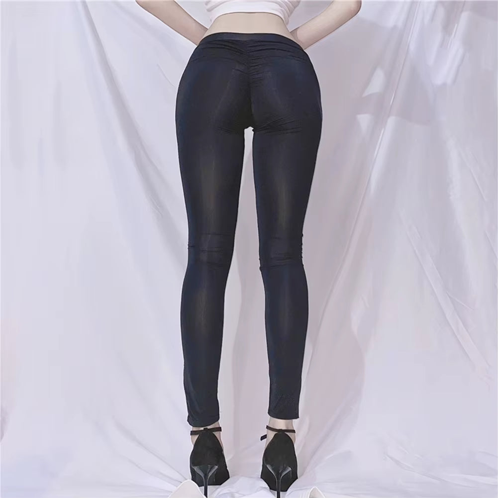 Black White Womens Ice Silk Pleated Leggings Elastic Sheer Thin Skinny Trousers Sexy Female Leggings See Through