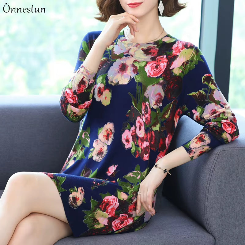 Floral Print Long Sweater Dress Autumn Casual Long Sleeve Pullovers Knitwear Jumper Pull Elasticity Long Sweater Women