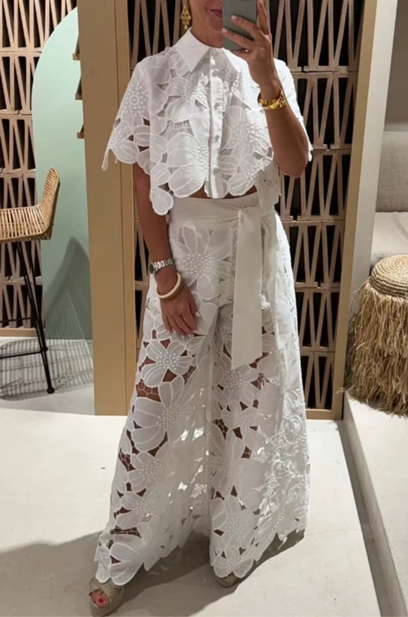 Women 2Pcs Lace Outfit Embroidery Retro Hollow Temperament Suit 2025 Elegant Button Short Sleeved Blouse Tops&Tie-Up Pants Set