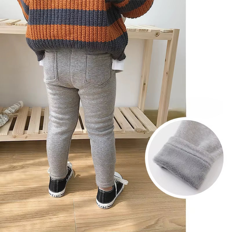 Winter Children'S Jeans Boys and Girls' Solid Color Thin Velvet Elastic Belt Jeans Infant Elastic Denim Pants 1-6Y