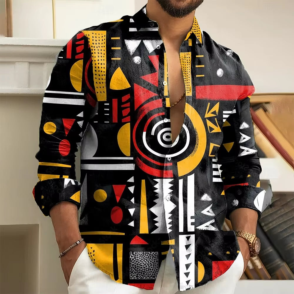 Fashion Men'S Geometric Abstract Art Shirt Button up Shirts Long Sleeve Shirt Casual Men'S Tops Fall 3D Print Collared Shirt