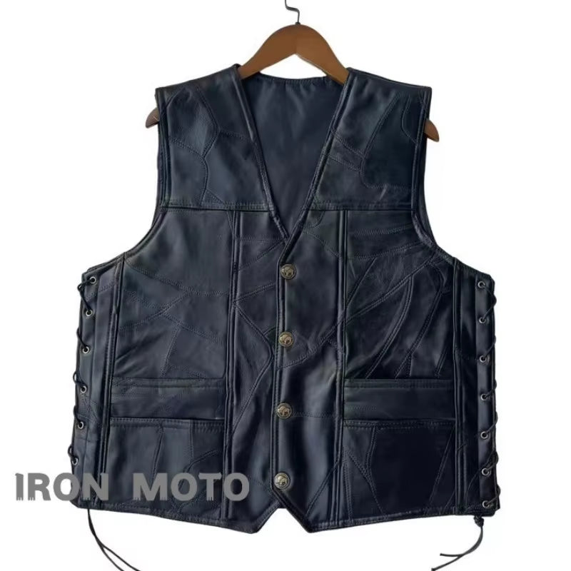 Men Motorcycle Vests Retro Black Cafe Street Leather Vest Chopper V Collar Lace up Sides Motorcycle Leather Jackets Large Size