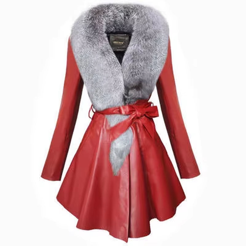 Faux Fur Coat Women Winter Female Sheepskin Coats Pure Color Faux Fox Fur Collars Snap Fastener Furs