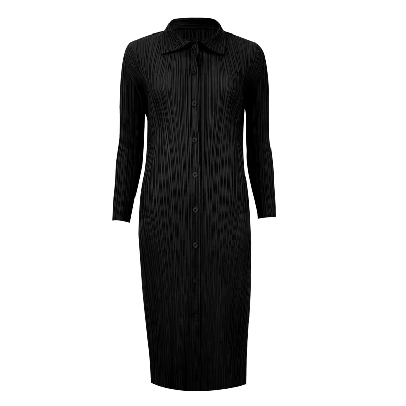 Miyake Pleated Single Breasted Women Long Coats Spring Winter New Polo Shirt Korean Style Long Sleeve Blazer Dress