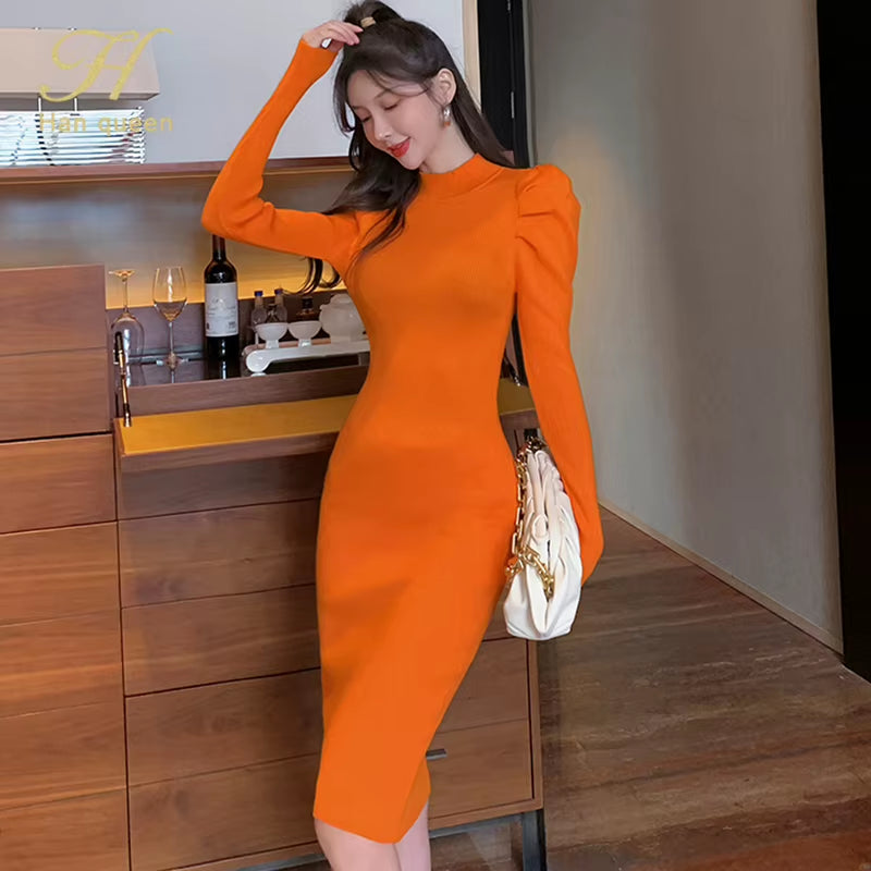Autumn Long Sleeve Puff Sleeve Sweater Knit Dress Bottoming Simple Office Female Bottoming Pencil Knitted Vestidos