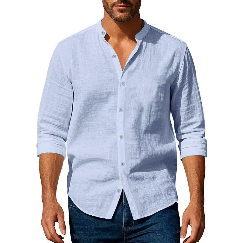 Cotton Linen Shirt for Men Henley Neck Solid Color Lightweight Breathable Slim Fit Single Breasted Shirt Long Sleeve Button Up