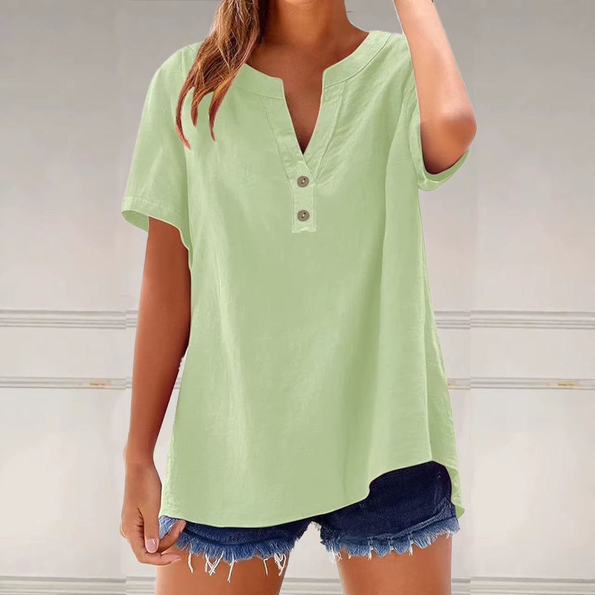Summer Cotton Linen Women Shirts Fashion Breathable Solid Color V-Neck Blouses Casual Short Sleeve Button Lady Office Tops 2025