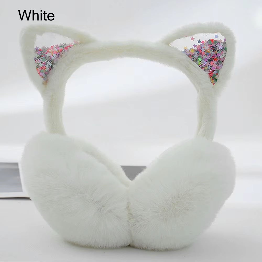 Cute Cat Ears Earmuffs Soft & Warm Sequins Animal Ear Warmers for Women Girls Outdoor Furry Fleece Earmuffs Winter Ear Covers
