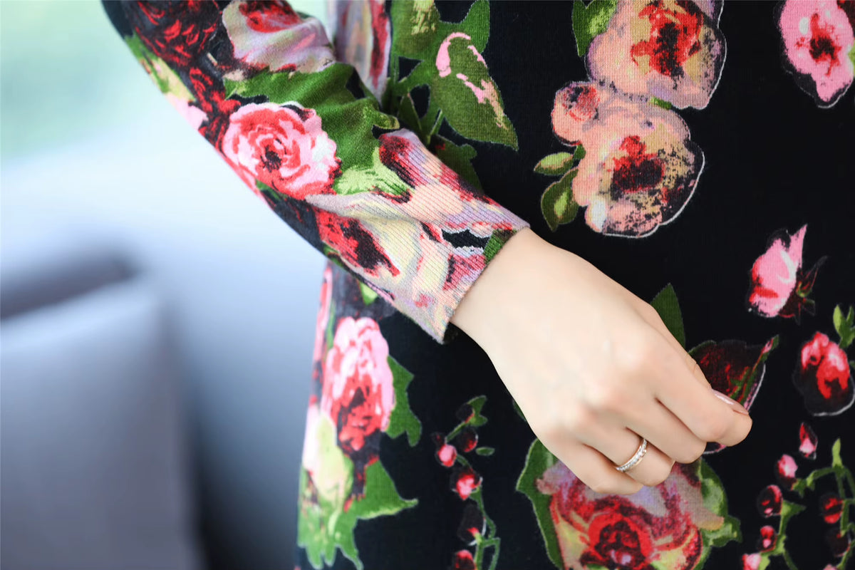 Floral Print Long Sweater Dress Autumn Casual Long Sleeve Pullovers Knitwear Jumper Pull Elasticity Long Sweater Women