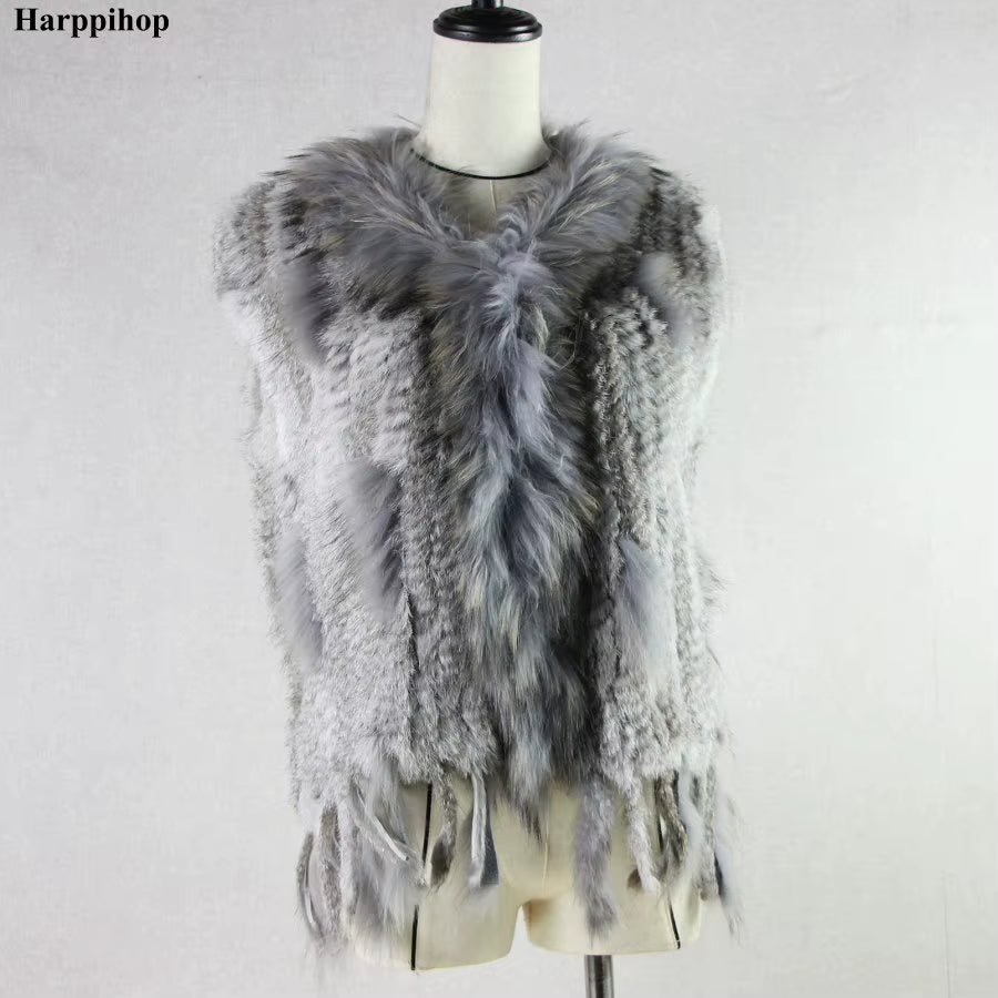 Free Shipping Womens Natural Real Rabbit Fur Vest with Raccoon Fur Collar Waistcoat/Jackets Rex Rabbit Knitted Winte