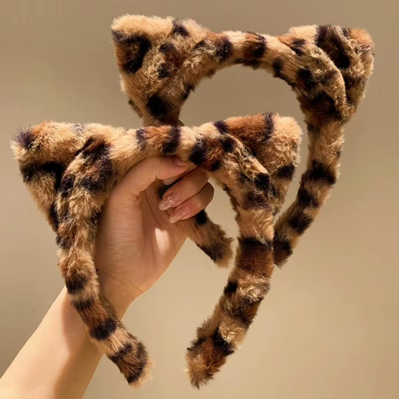 1/2Pcs Faux Fur Headwear Leopard Print Hair Accessories Hair Hoop Washing Face Plush Hair Bands Cat Ears Headbands Party Wear