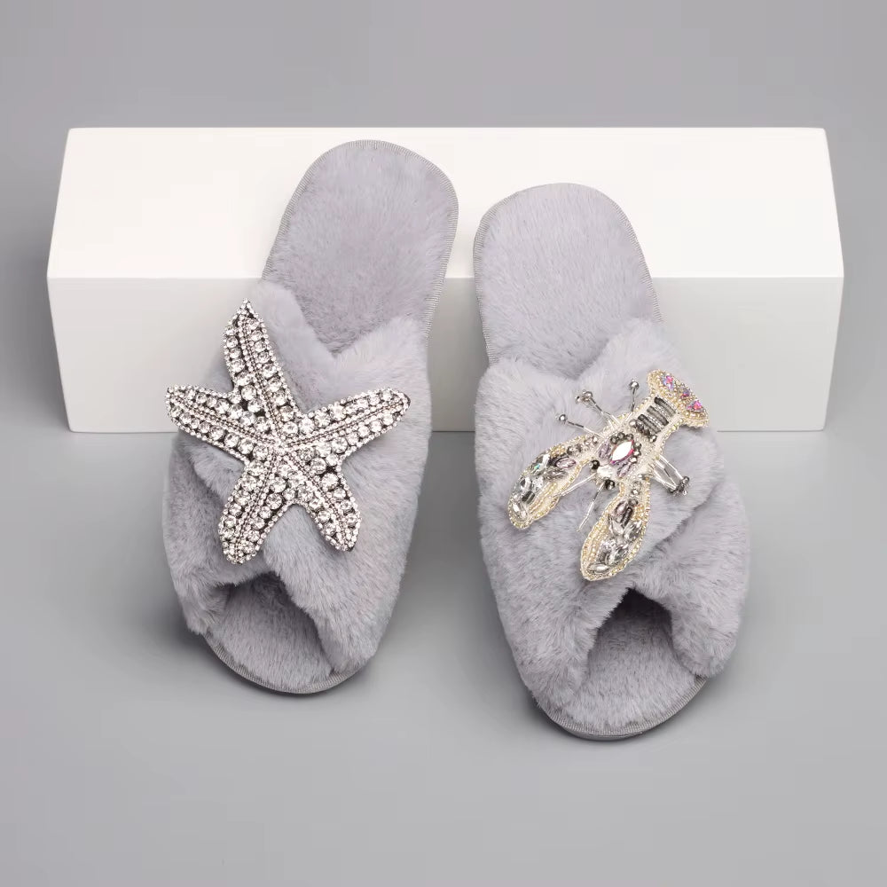 Fur Slides for Women Fluffy Slippers Cross Strap Starfish Lobster Decor Luxury House Slippers Flat Winter Warm Designer Shoes