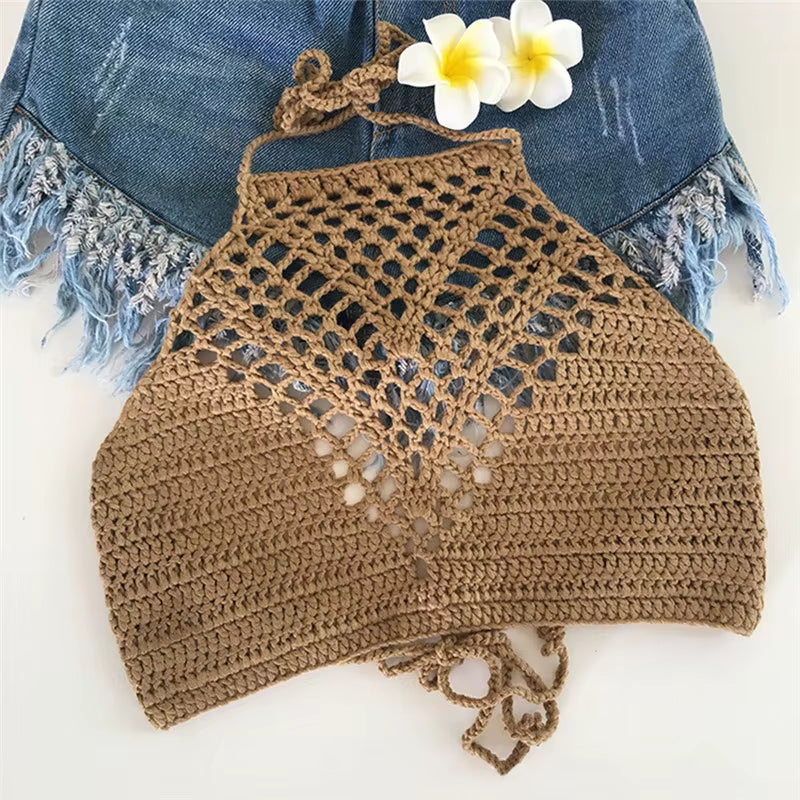 Women Summer Plain White Halter Vest Strap Crop Tops Bra Beach Bikini Short Vest Sexy Hollow Out Crochet Bikini Tank Tops Shirt