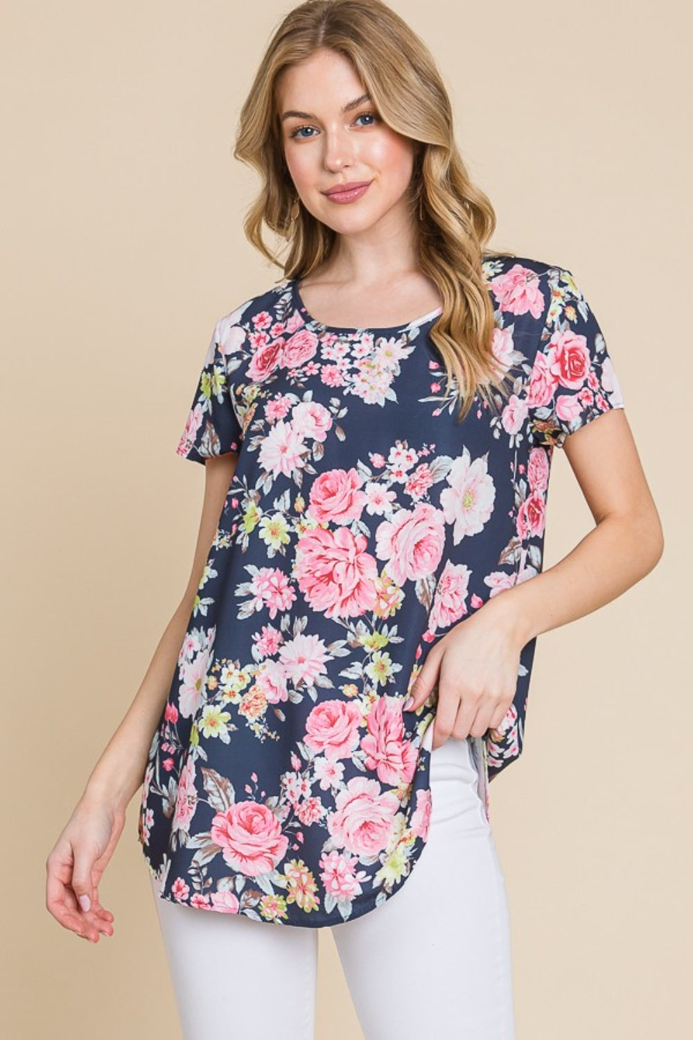 BOMBOM Floral Round Neck Short Sleeve T-Shirt-0