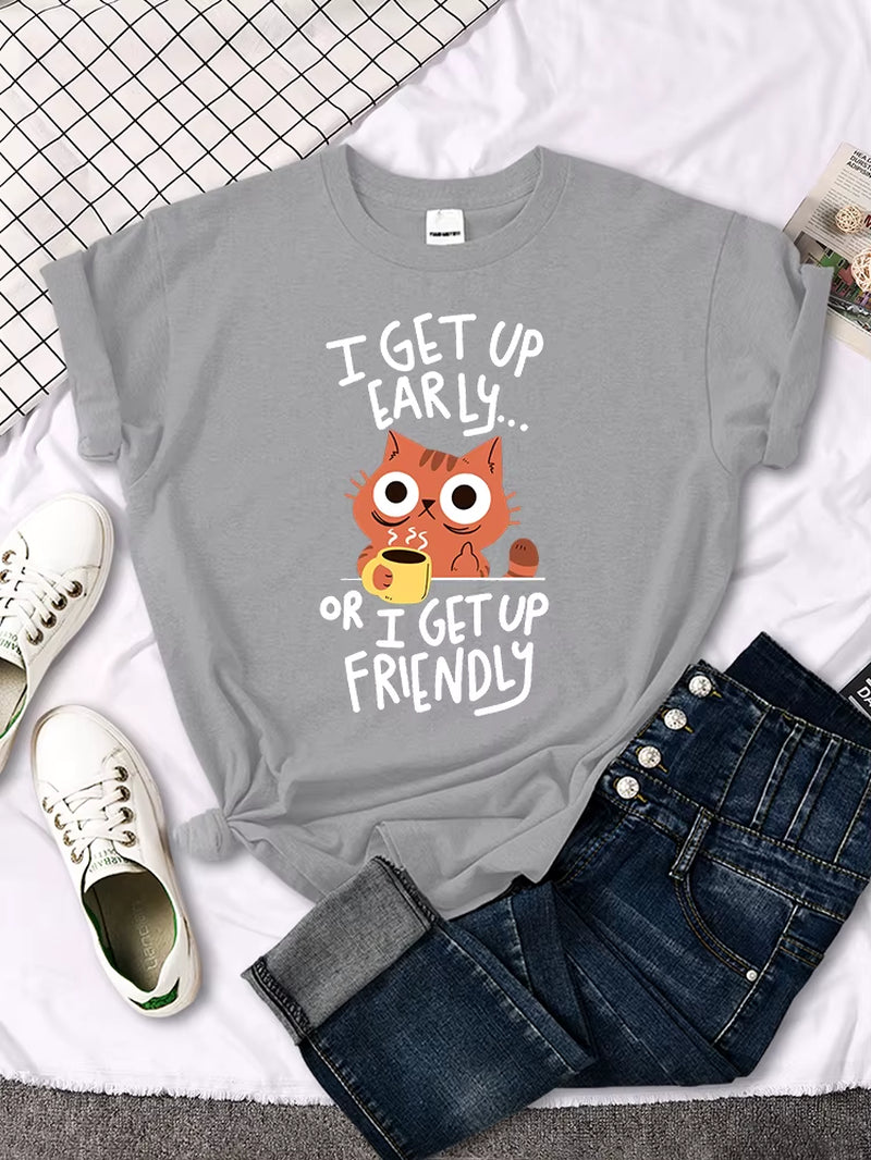 I Get up Are Lazy Cute Cat Women T-Shirts Leisure Tops Breathable T Shirts Retro Breathable Streetwear Summer Female Tee Shirts