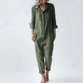 Cotton Linen Vintage Jumpsuits Women Single Breasted Button Design Turn-Down Collar Long Sleeve Romper Solid Pockets Overalls