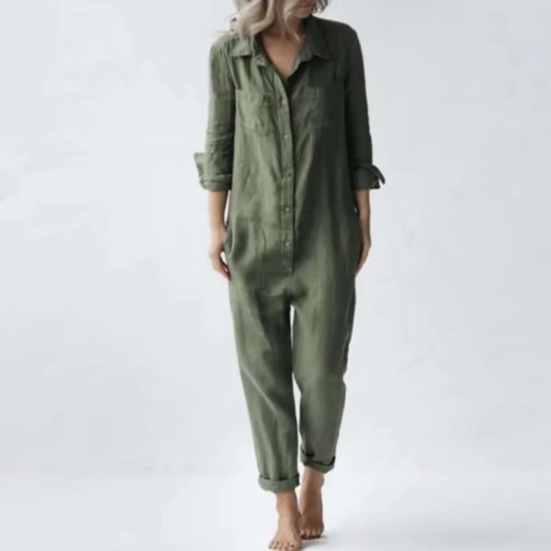 Cotton Linen Vintage Jumpsuits Women Single Breasted Button Design Turn-Down Collar Long Sleeve Romper Solid Pockets Overalls