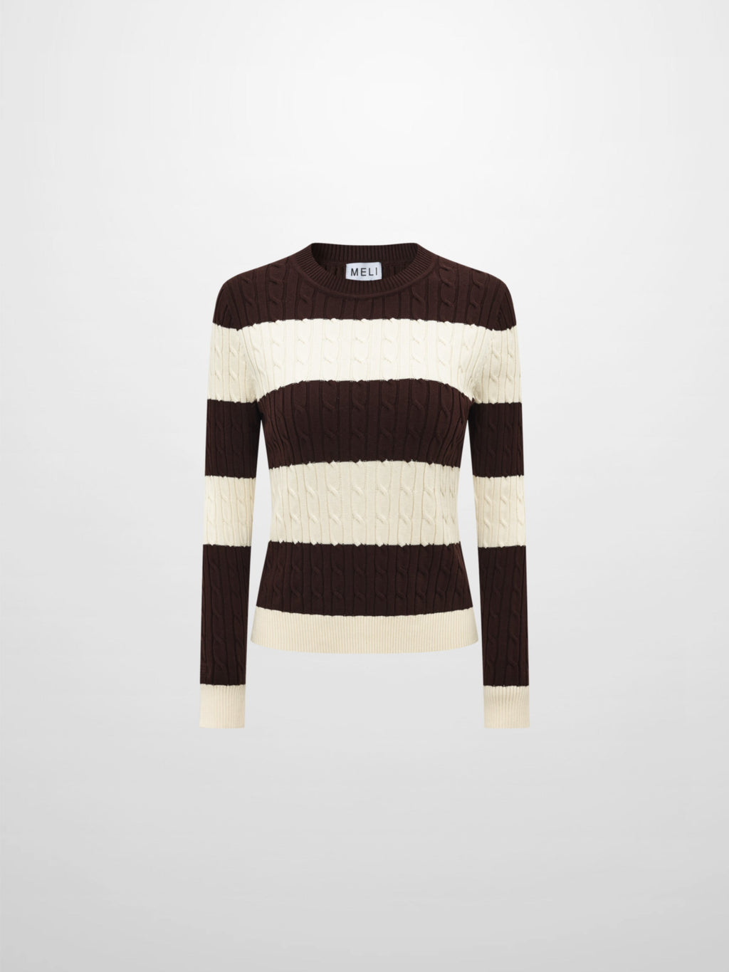 Wide Stripe Cable Knit Sweater - Cream/Brown-1