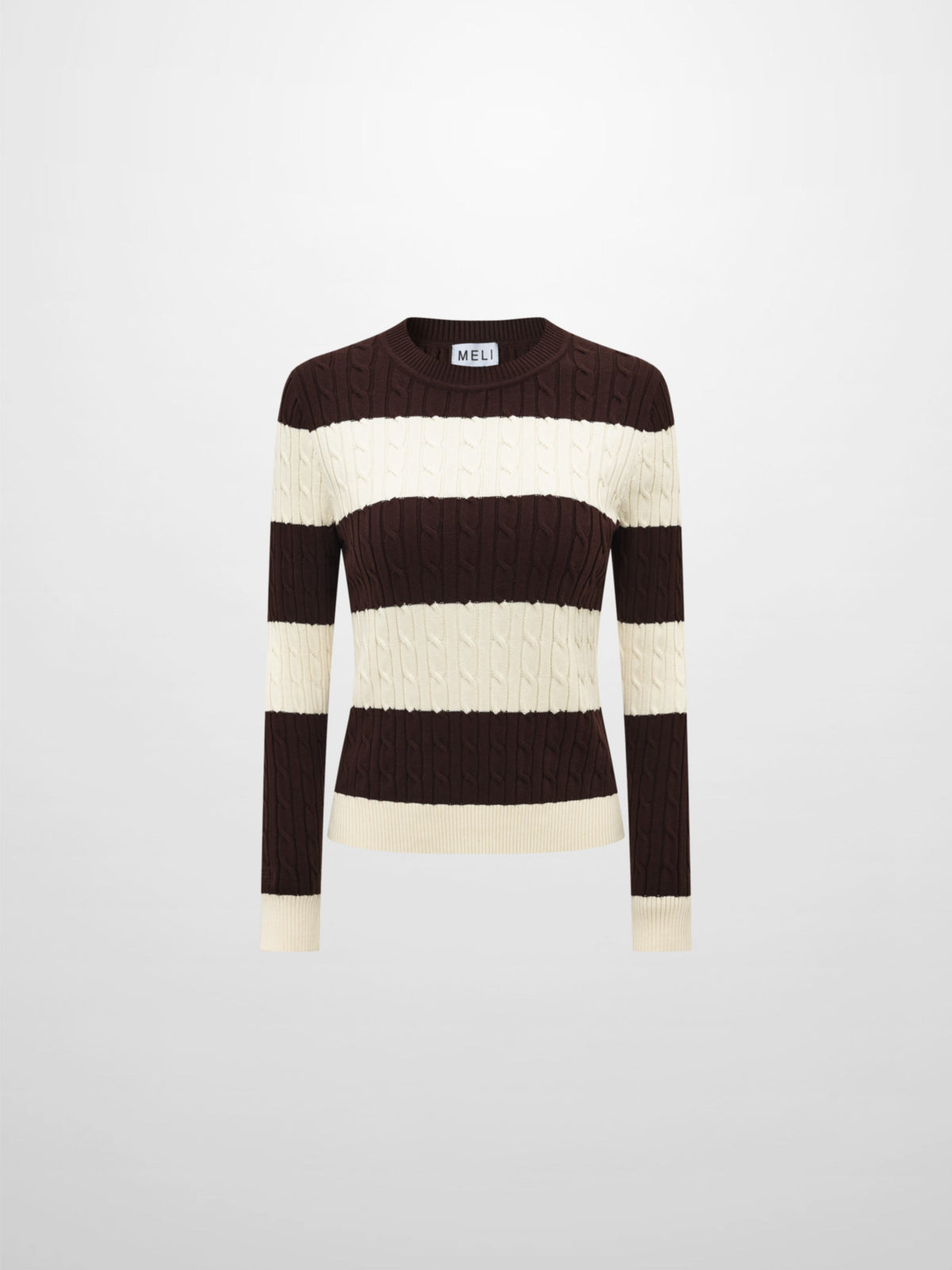 Wide Stripe Cable Knit Sweater - Cream/Brown-1