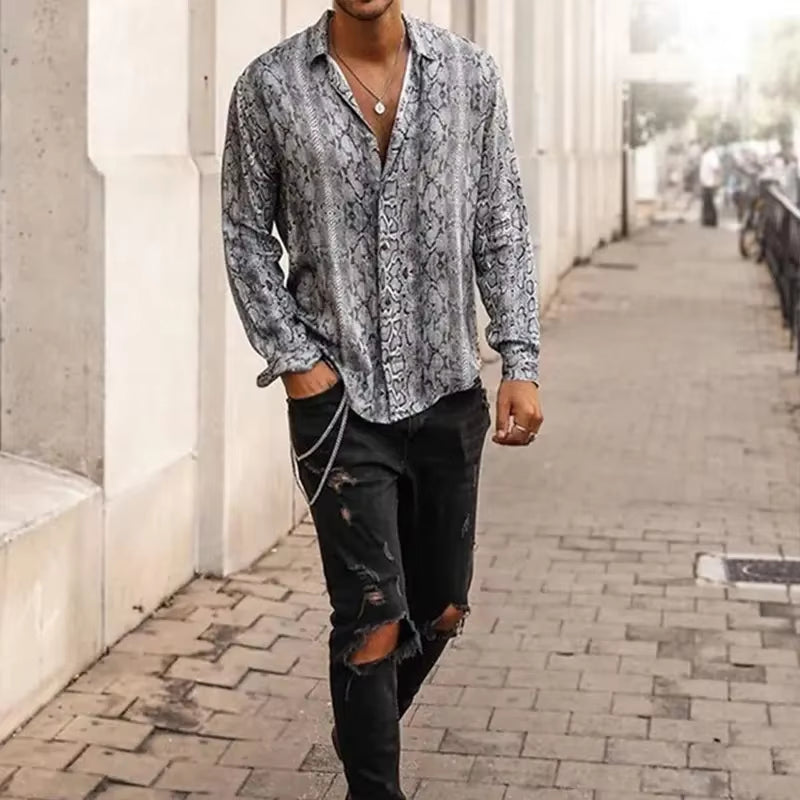 Autumn Men Snake Printed Long Sleeve Shirts Light Luxury Lapel Button-Down Ethnic Trendy Cardigan Tops Retro High Street Blouse