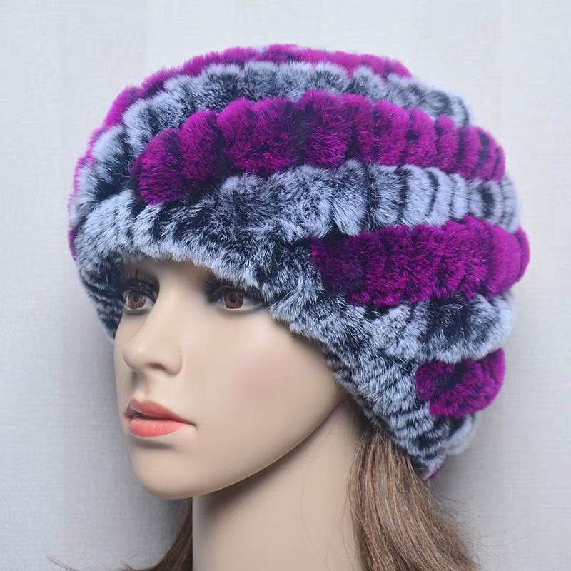 2026 Outdoor Winter Good Elastic Real Fur Hat Women Knitted Natural Rex Rabbit Fur Skullies Cap Warm Soft Real Fur Beanies Hats