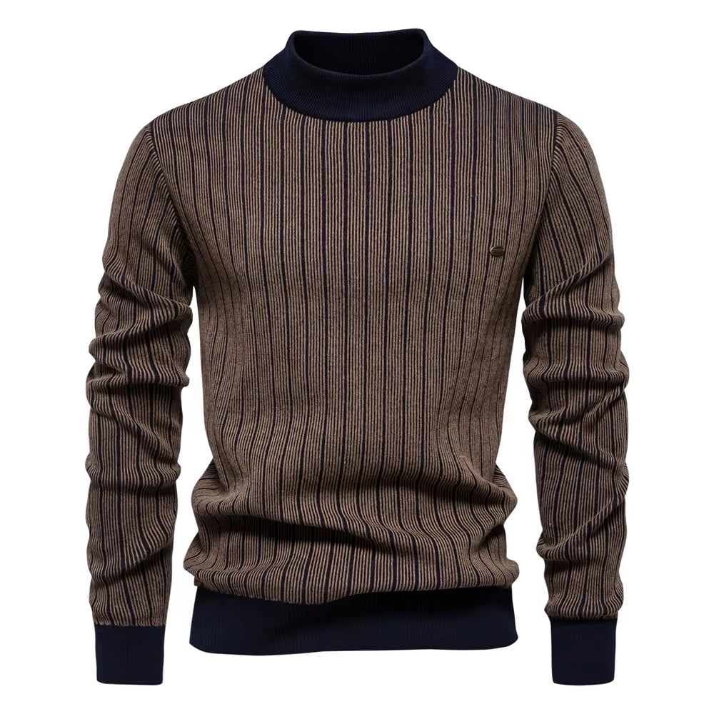 New Design Mens Mock Neck Cotton Pullover Sweaters Autumn Winter Warm Stripped Sweater for Men