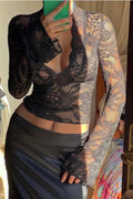 Miss Sparkling |Floral Lace Mesh V-neck Top-0