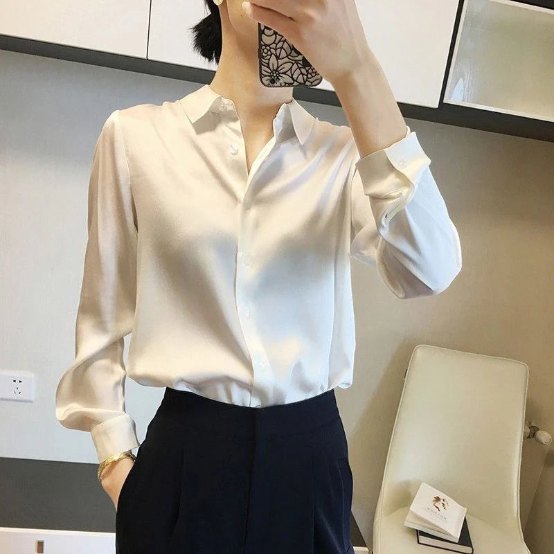 All-Match Satin Finish Shirts and Blouses Women Clothing Casual Top OL Long Sleeve Button Elegant Shirts French Solid Blouses