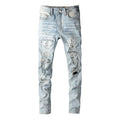 Men Crystal Holes Ripped Patchwork Jeans Streetwear Light Blue Denim Slim Skinny Pencil Pants Trousers