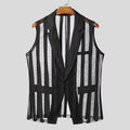 Men Vests Mesh Striped Transparent Sexy Lapel Sleeveless One Button Male Waistcoats Streetwear 2025 Fashion Casual Vests