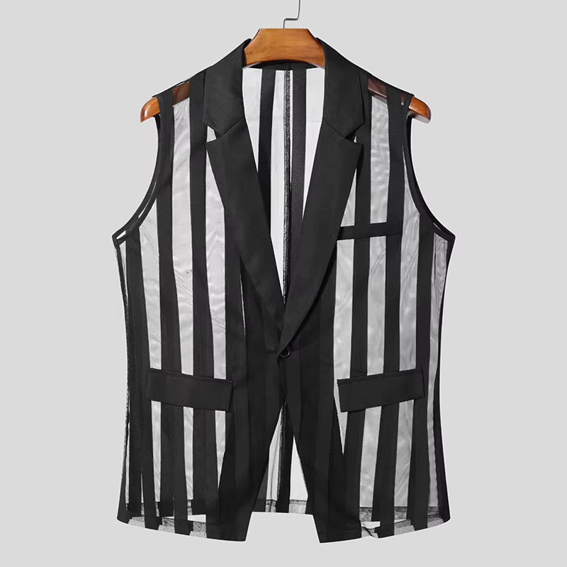 Men Vests Mesh Striped Transparent Sexy Lapel Sleeveless One Button Male Waistcoats Streetwear 2025 Fashion Casual Vests