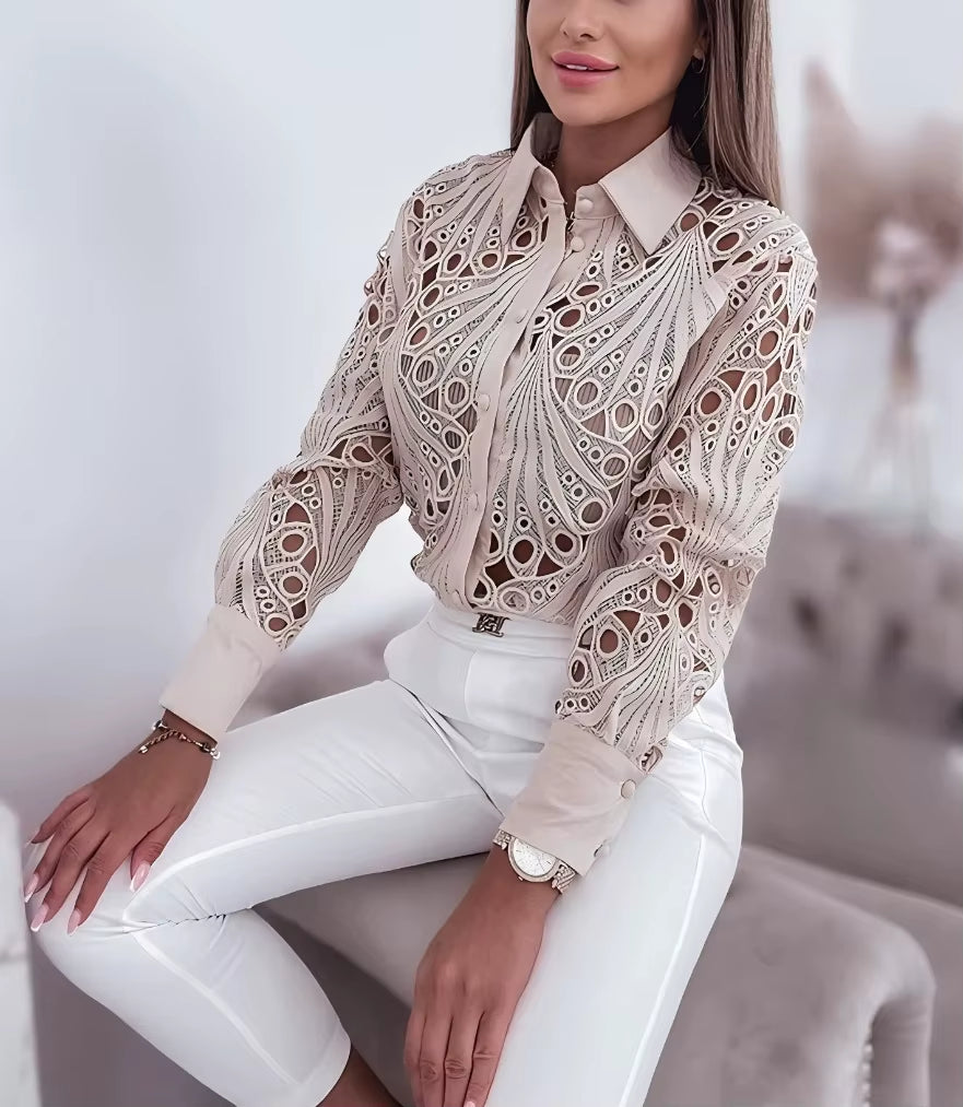 New Fashion Lace Hollow Long Sleeve Shirt for Women 2025 Spring Autumn Elegant Office Lady Blouse and Tops Casual Button Shirts