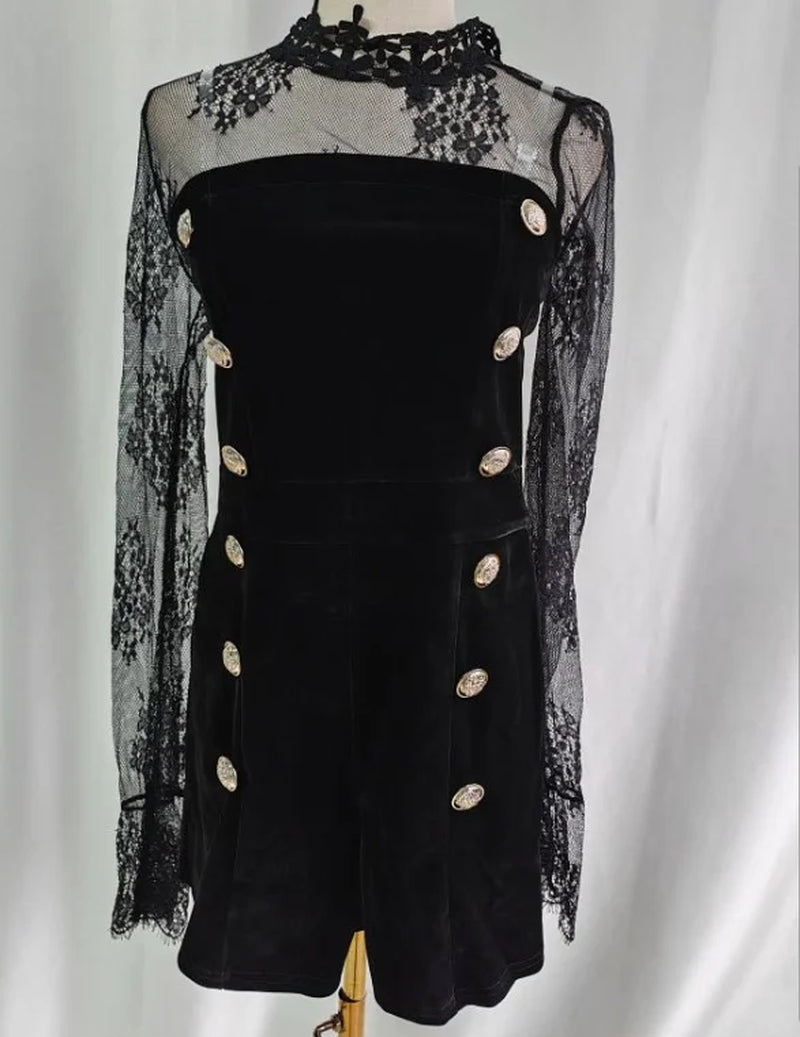 Temperament Bodysuits 2025 Women Clothing Tunic Fashion Patchwork Jumpsuit 2025 Ropa Mujer Double-Breasted Black Velvet Rompers