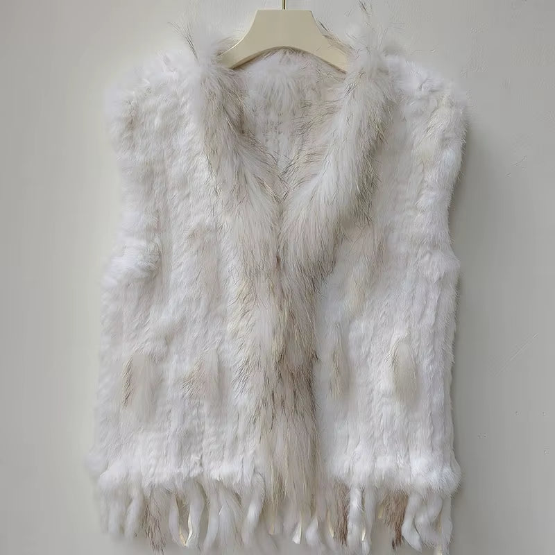 Natural Real Rabbit Fur Knitted Vest with Tassel Genuine Fur Warm Sleeveless Women Fur Gilet with Real Raccoon Fur Trimming
