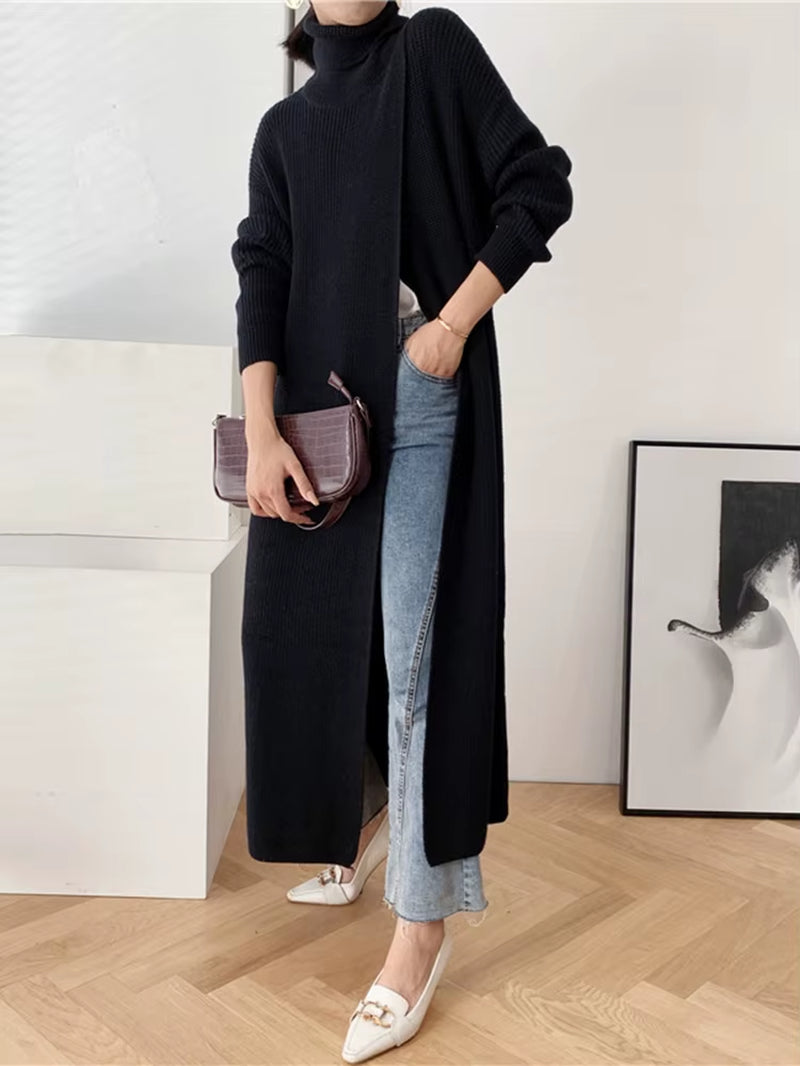 [] Vent Long Knitting Sweater Loose Fit Turtleneck Long Sleeve Women Pullovers New Fashion Tide Autumn Winter 2026 1DA357