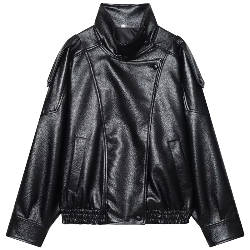 Faux Leather Black Jackets for Woman New Arrival Cropped Oversize Bomber Jacket Zip-Up Long Sleeve Coats Motorcycle Jackets