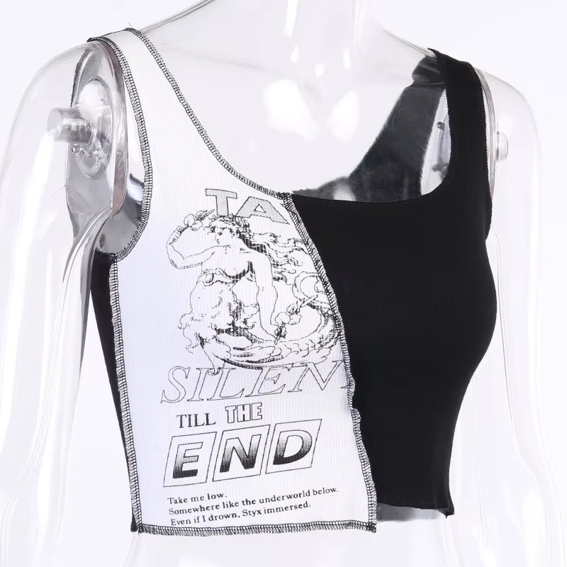 Punk Style Patchwork Tank Tops Aesthetic Letter and Graphic Print Women Crop Top Color Blocking Sleeveless Streetwear