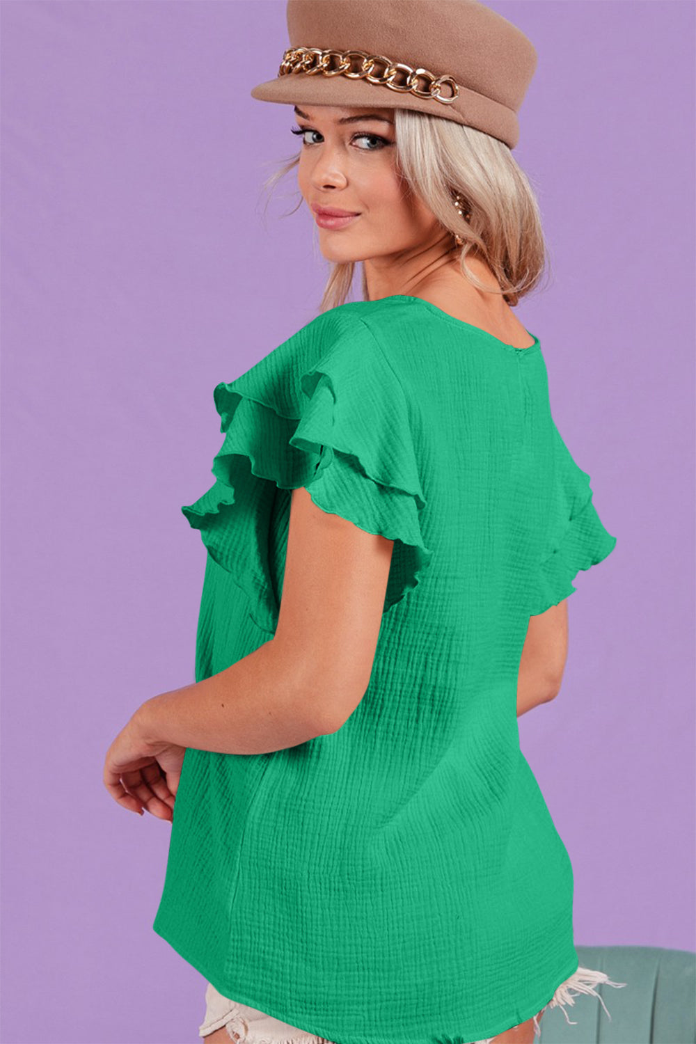 BiBi Ruffle Sleeve Wrinkled Cotton Gauze Top-1