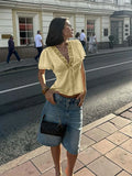 Causal Women Tops Solid Lace -Neck Short Sleeves Satin Slim Button Regular Eelgant Streetwear Tees Female Basic T Shirts