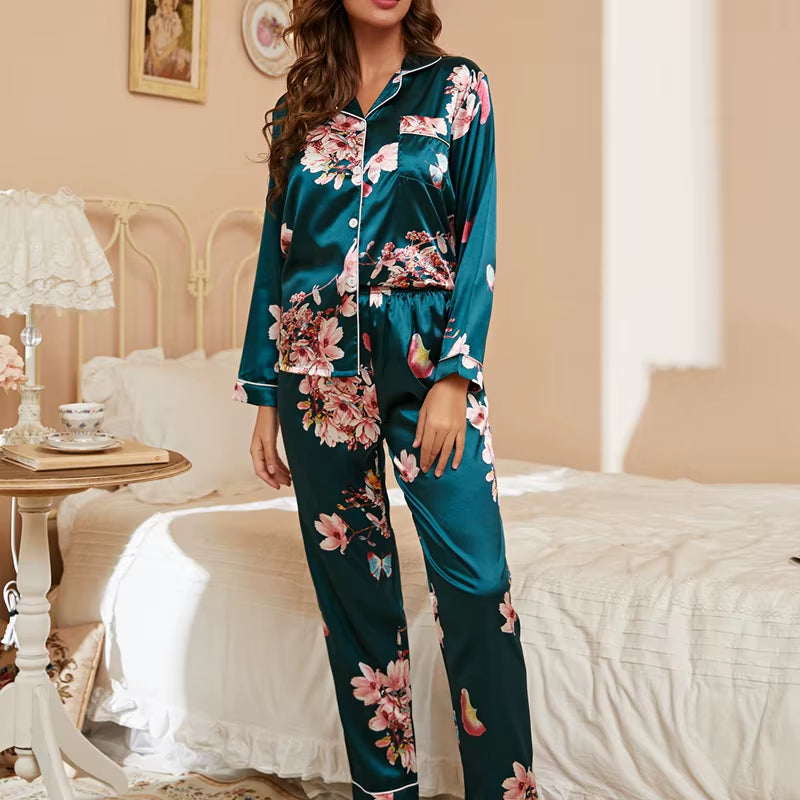 Women Satin Pajama Casual Sleepwear Home Clothes Suit Autumn Long Sleeve Button up Top & Pants Nightwear Loungewear Pyjama Femme