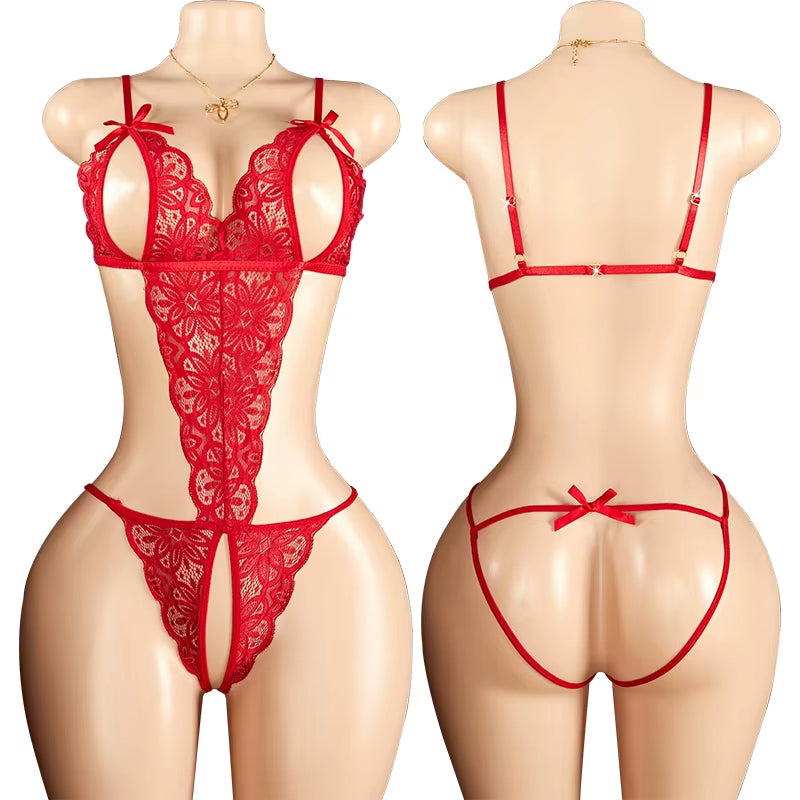 Women Porn Underwear Lace Hollow Open Bra Set plus Size Sexy Costumes Deep V Neck Teddy Bodysuits Erotic Crotchless Lingerie Set