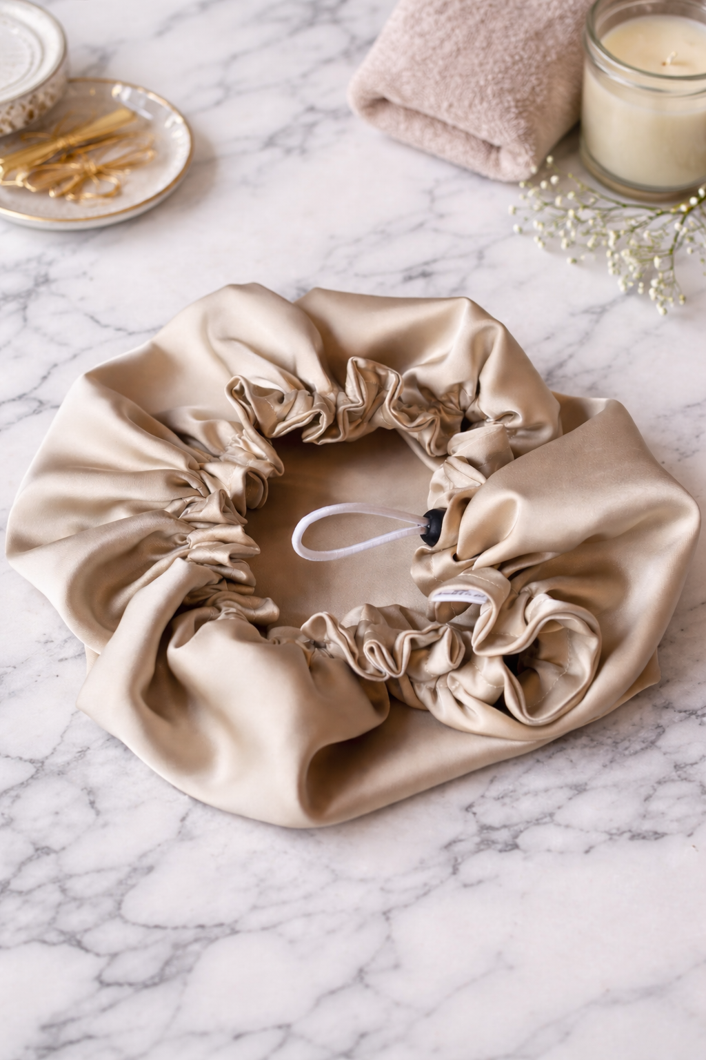 Large champagne satin adjustable sleep bonnet for hair protection- UpTied Scrunchie Co