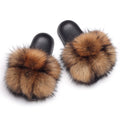 Real Fox Raccoon Fur Slippers Pom Pom Fur Slides Fluffy Flip Flops Plush Fur Ball Slippers Flat Summer Sandals Women House Shoes