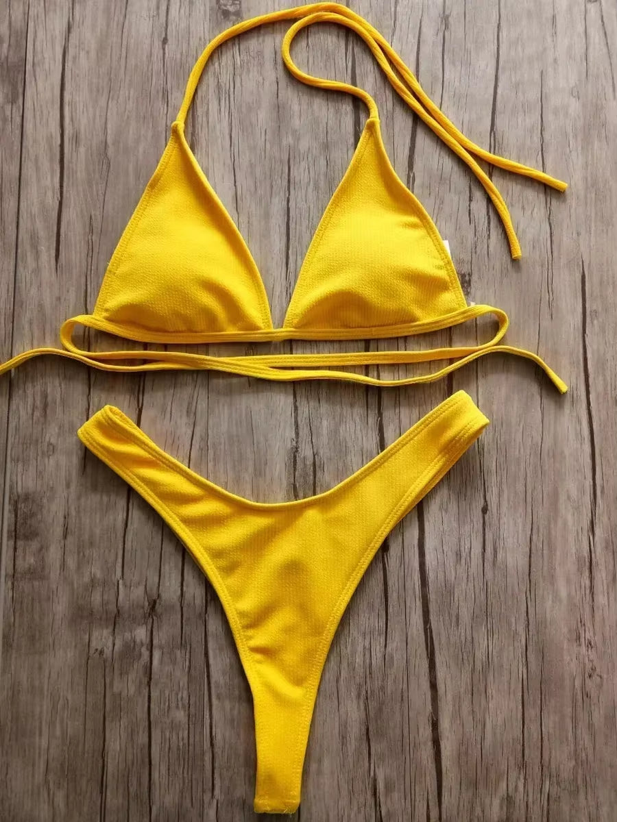 Bandeau Tanga Bikinis Ribbed Bikini 2025 Sexy High Cut Bikini Set Brazilian Swimsuit Thong Swimwear Women Girls Swimming Suit